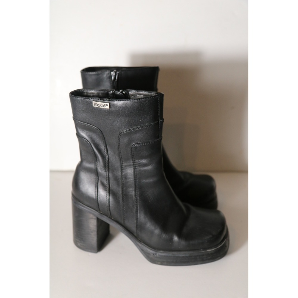 Mudd Y2K Vintage Fiesta Chunky Leather Heeled Platform Boot 6.5 Black Square Toe